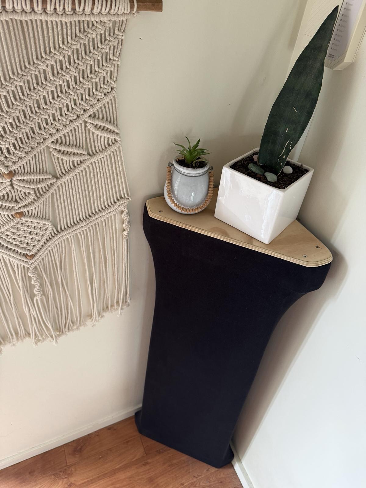 Triangular corner bass trap in a lounge with macrame wall hanging and plants