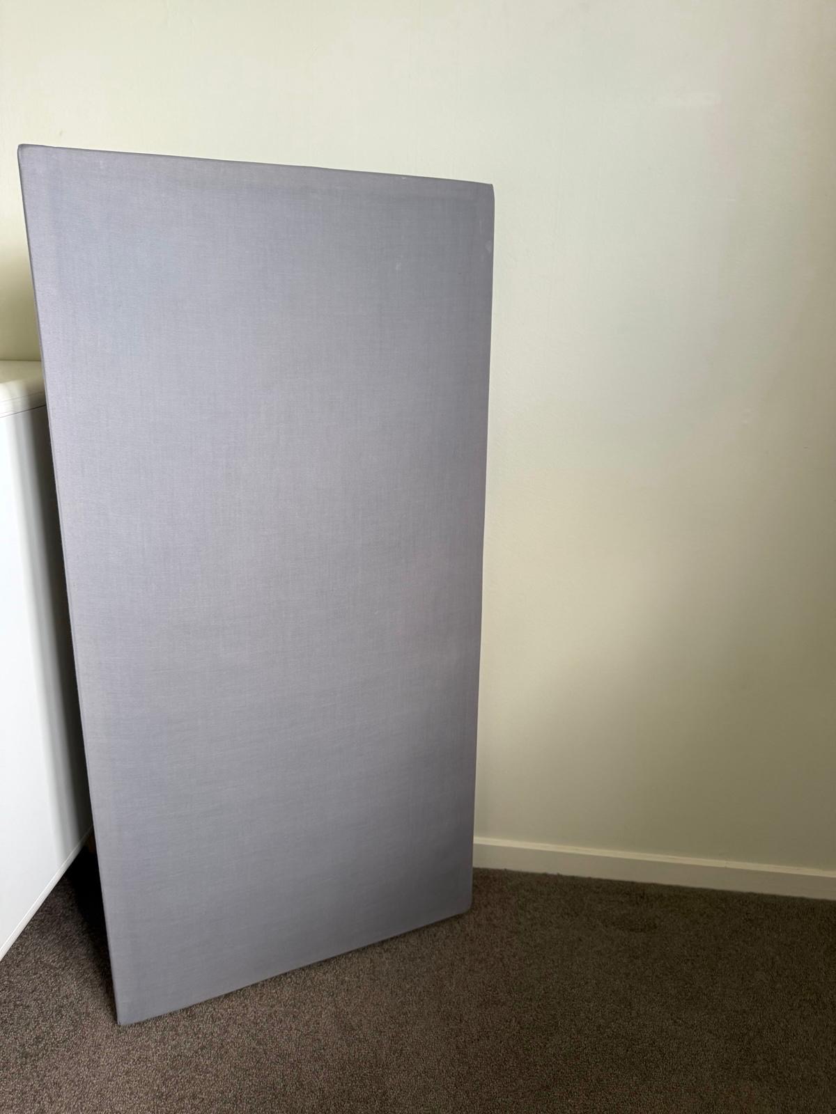 Single grey acoustic panel leaning against a wall